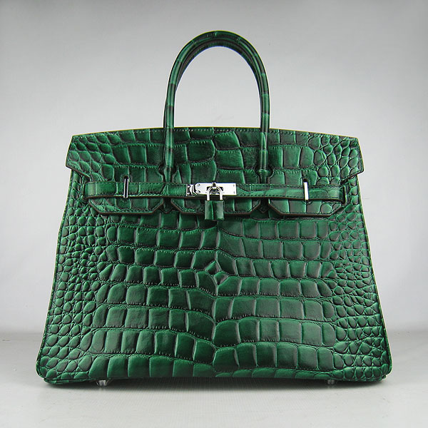 High Quality Fake Hermes Birkin 35CM Crocodile Veins Leather Bag Dark Green 6089